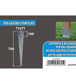 Ferramenta Per Esterno- Portapali ancoraggio a punta per pali a sezione quadrata 71 x 71 x 150 x 750 mm.
