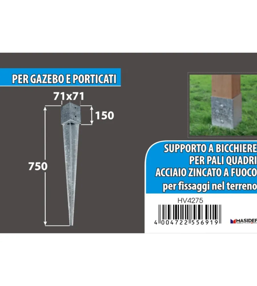 Ferramenta Per Esterno- Portapali ancoraggio a punta per pali a sezione quadrata 71 x 71 x 150 x 750 mm.