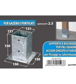 Ferramenta Per Esterno|Portapali ancoraggio d'appoggio per travi 121 x 121 x 150 x 180 mm.