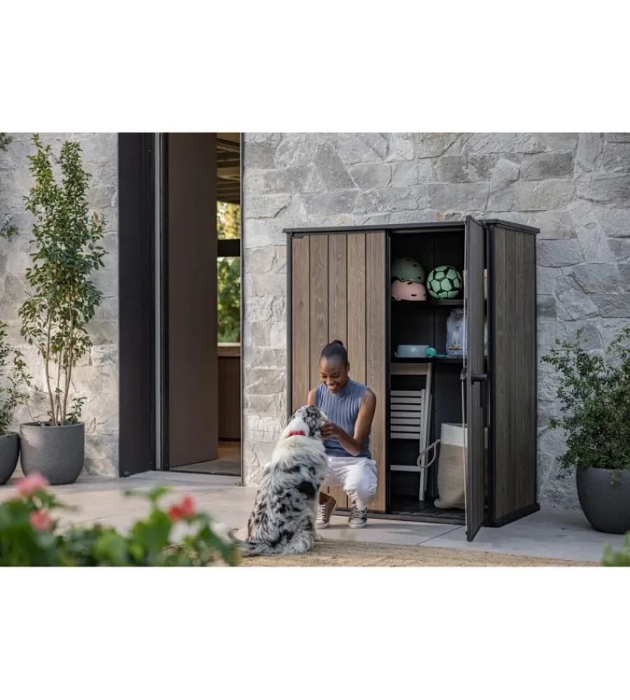 Online Portattrezzi multiuso "vertical shed" in resina effetto legno 140x73,6x170 cm Contenitori Da Esterno