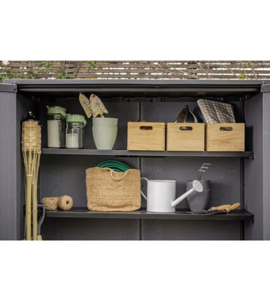 Outlet Portattrezzi multiuso "vertical shed venetian" in resina effetto legno 140x73,6x170,4 cm Contenitori Da Esterno