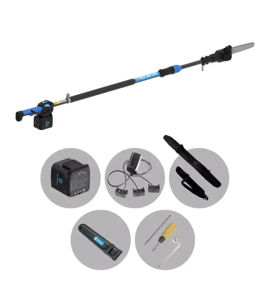 Sale Potatore a catena telescopico a batteria "t-rex 160-240" barra 21 cm 21,6v 5ah, caricabatterie tripla uscita, tracolla, sacca da trasporto, kit attrezzi e copri-barra Potatori