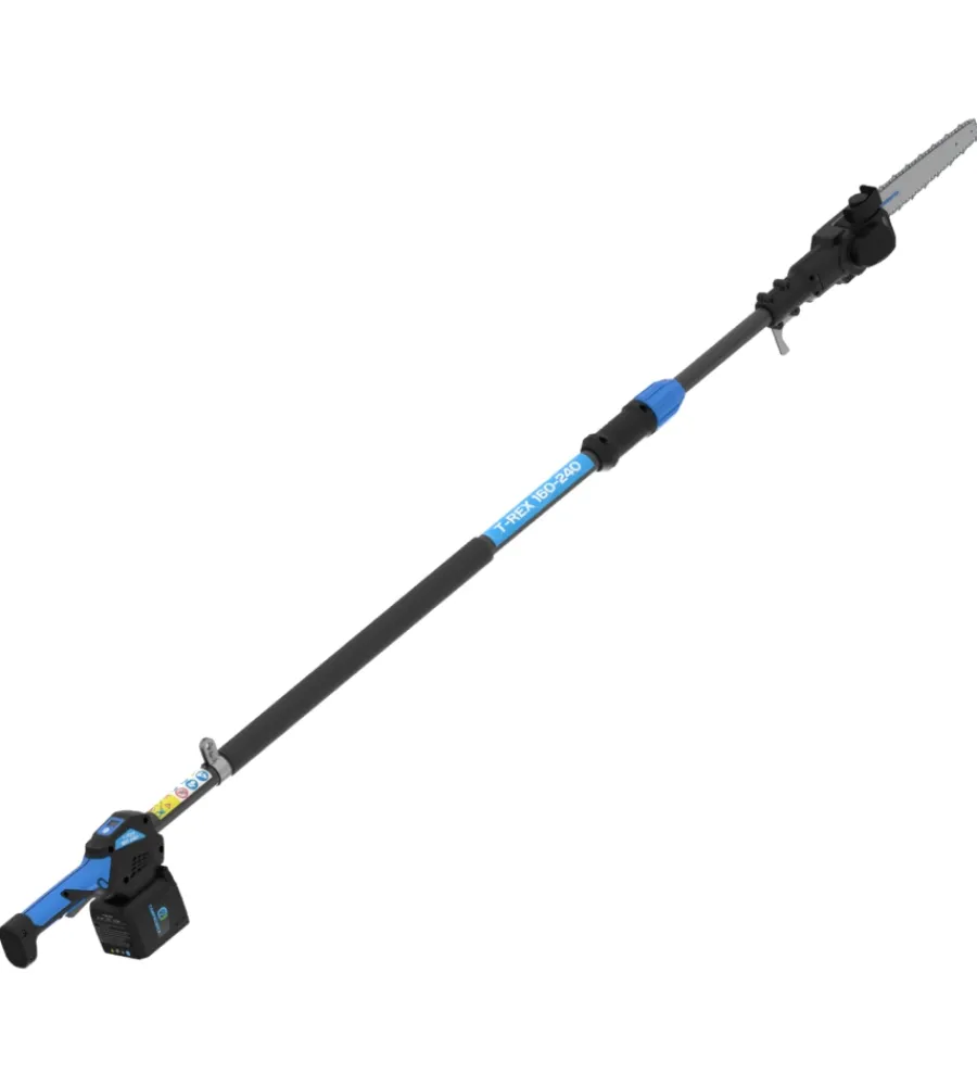 Sale Potatore a catena telescopico a batteria "t-rex 160-240" barra 21 cm 21,6v 5ah, caricabatterie tripla uscita, tracolla, sacca da trasporto, kit attrezzi e copri-barra Potatori
