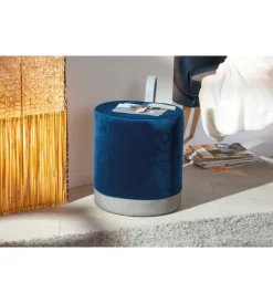 Pouf blu e grigio con maniglia in ecopelle, 38x32,5x43 cm Poltrone E Pouf
