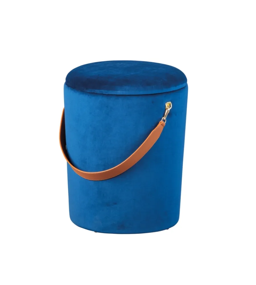 Poltrone E Pouf- Pouf "secchiello" in velluto blu con maniglia, 35x35x45 cm