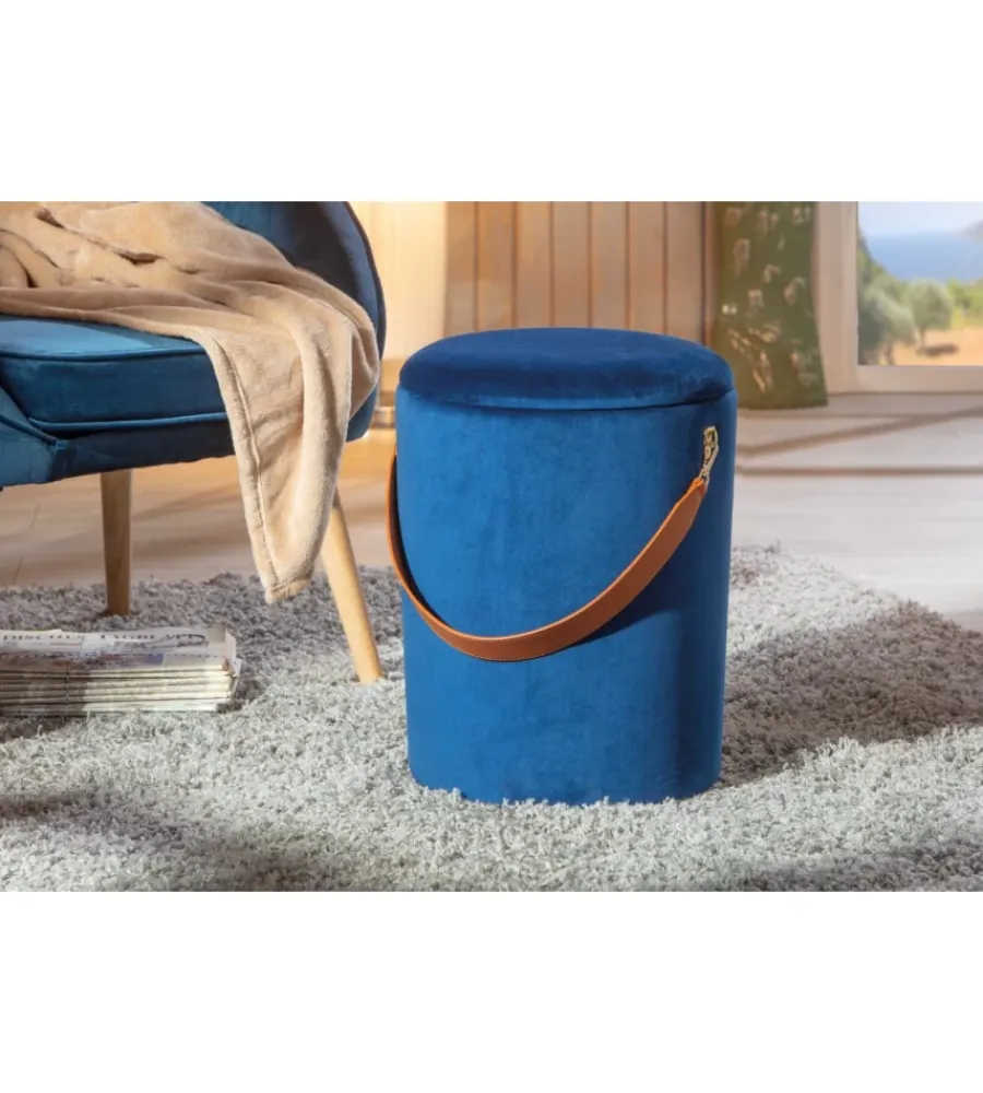 Poltrone E Pouf- Pouf "secchiello" in velluto blu con maniglia, 35x35x45 cm