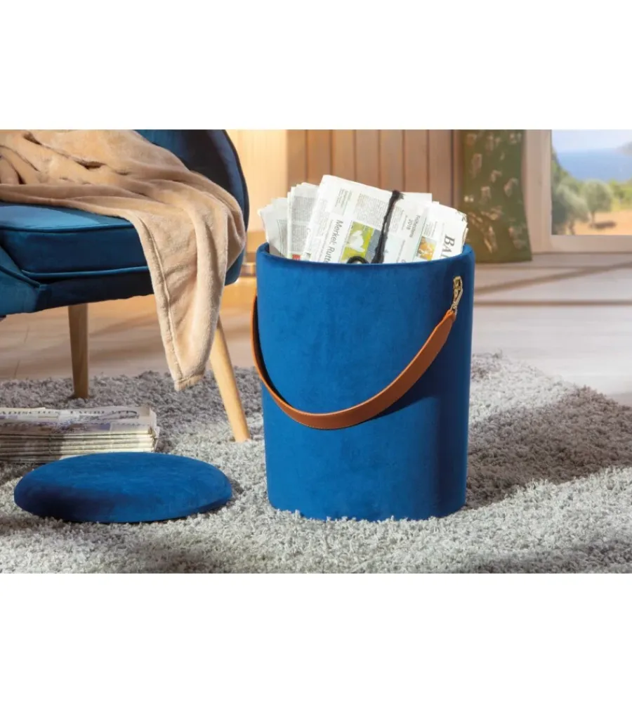 Poltrone E Pouf- Pouf "secchiello" in velluto blu con maniglia, 35x35x45 cm