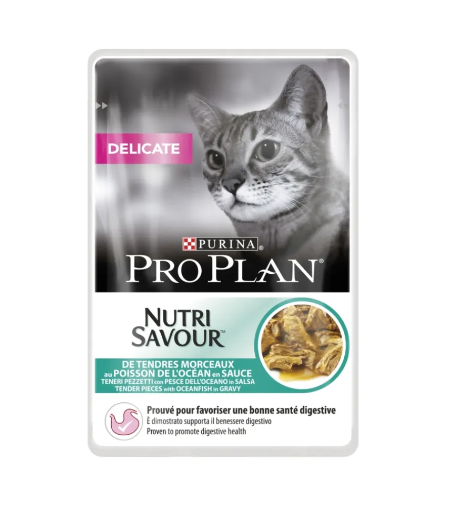 Alimenti Umido Gatto-Purina Pro plan delicate, alimento umido per gatto, teneri pezzetti in salsa con pesce dell'oceano.