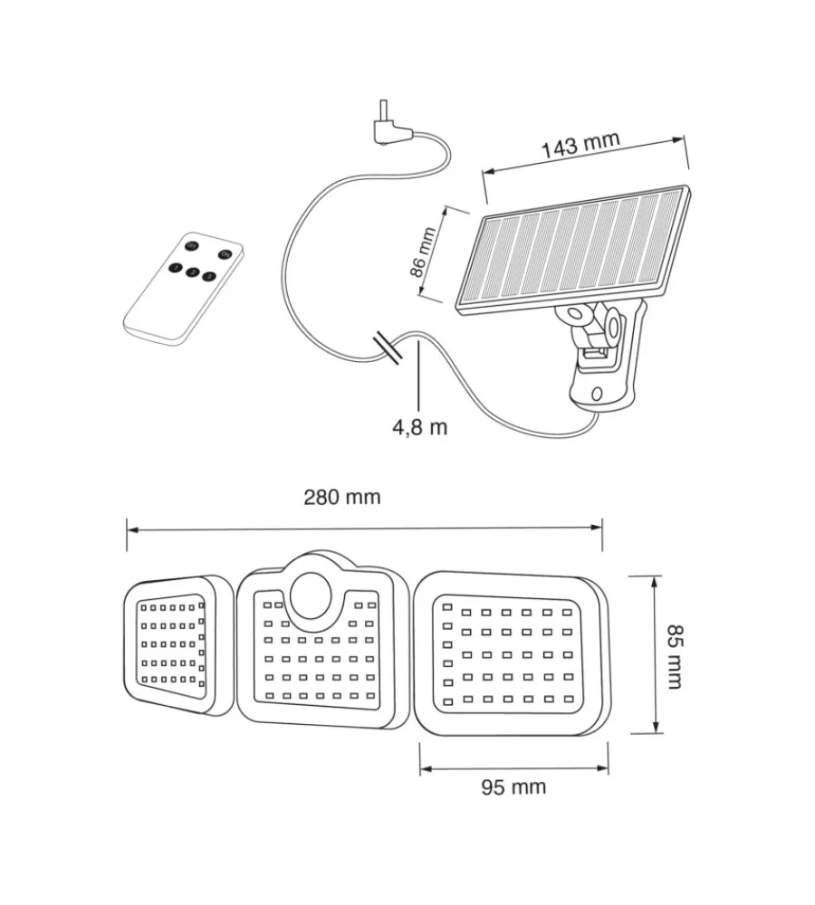 Illuminazione Per Esterno- Proiettore orientabile a led solare - con 3 pannelli - 108 led