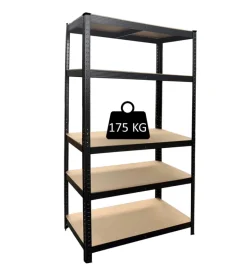 Officina E Garage-Grima Scaffale 5 ripiani in metallo e legno nero portata 175 kg 90x40x180 cm