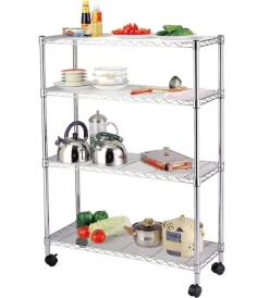 Decorazione Ambienti|Scaffale in metallo cromato 4 ripiani con ruote, 89x34x142 cm