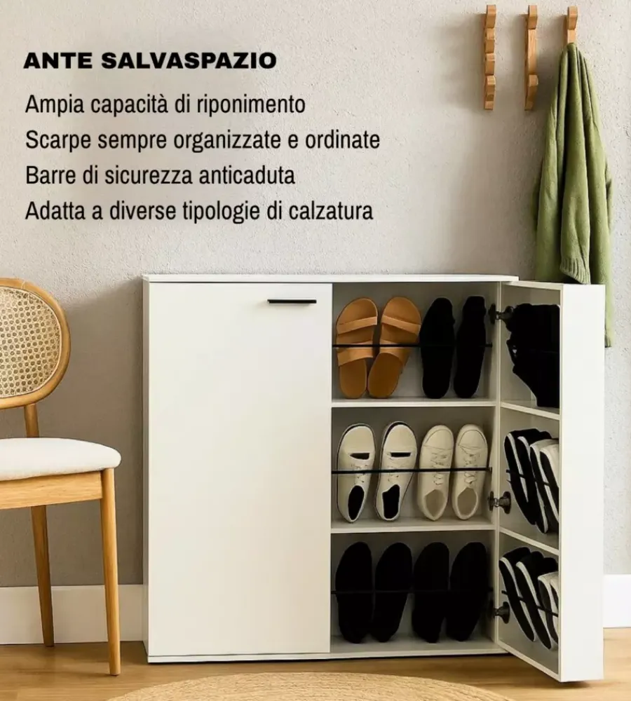 BellaHome Scarpiere|Scarpiera 2 ante con ante salvaspazio bianco 100x33,8x110 cm