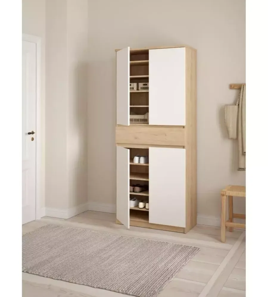 Scarpiere|Scarpiera "naia" in truciolare melaminico colore rovere e bianco con quattro ante e un cassetto, 80,4x40x191,7 cm