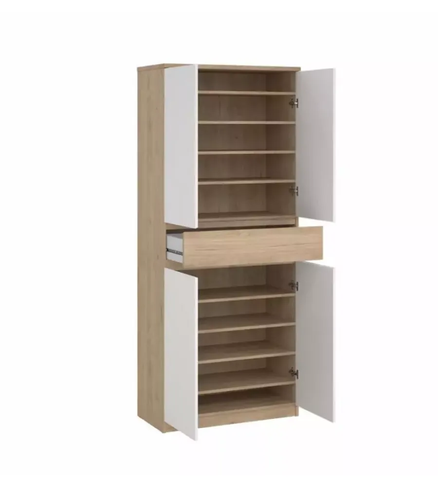 Scarpiere|Scarpiera "naia" in truciolare melaminico colore rovere e bianco con quattro ante e un cassetto, 80,4x40x191,7 cm