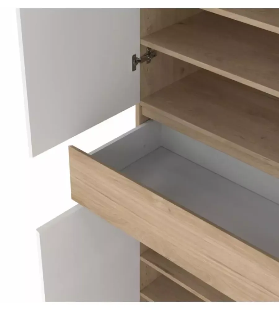 Scarpiere|Scarpiera "naia" in truciolare melaminico colore rovere e bianco con quattro ante e un cassetto, 80,4x40x191,7 cm