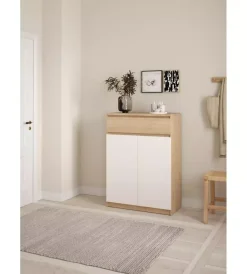Scarpiere- Scarpiera "naia" in truciolare melaminico colore rovere e bianco con due ante e un cassetto, 80,4x40x111,3 cm.