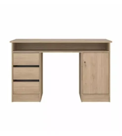 Scrivanie E Cassettiere|Scrivania con anta e 3 cassetti in truciolato colore quercia, 126x55x75,6 cm