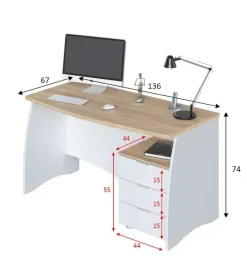 Online Scrivania con cassetti bianca e rovere, 136x67x74 cm Scrivanie E Cassettiere
