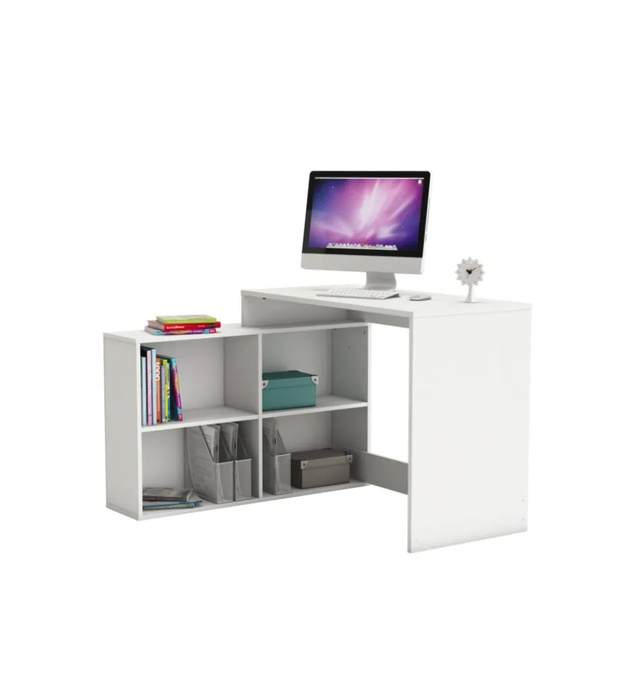 Scrivanie E Cassettiere|Scrivania con libreria da angolo bianca, 112x77x101 cm
