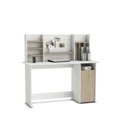 Scrivanie E Cassettiere- Scrivania con testata di riponimento  "ambre" colore bianco e quercia, 135x50x74 cm