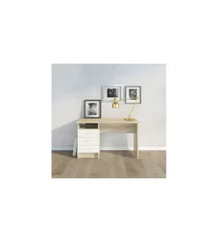 Scrivanie E Cassettiere|Scrivania in mdf effetto quercia con tre cassetti bianchi, 72x48x120 cm
