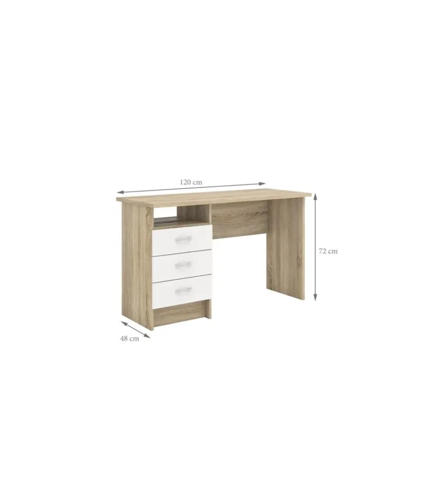 Scrivanie E Cassettiere|Scrivania in mdf effetto quercia con tre cassetti bianchi, 72x48x120 cm