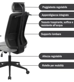 BellaHome Sedie Ufficio|Sedia da ufficio traspirante "yale" con braccioli, poggiatesta regolabile, appendigiacca in tessuto grigio 62x65x114-123 cm