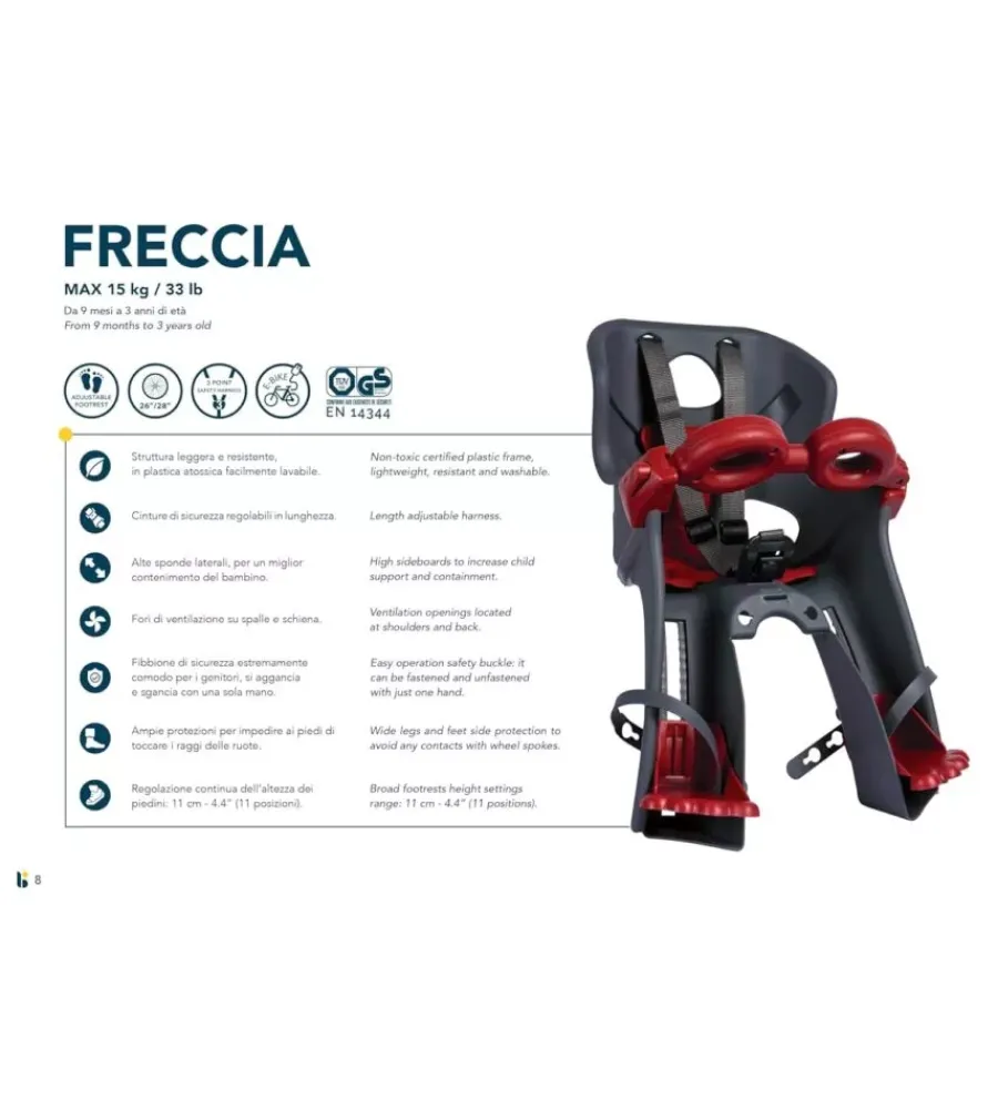 Bici|Seggiolino anteriore per bicicletta bellelli "freccia vintage", portata massima 15 kg