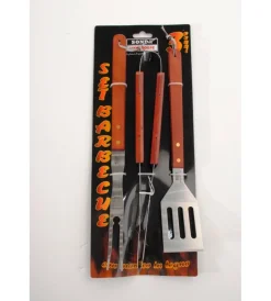 Barbecue- Set 3 pezzi per barbecue in acciaio e manico in legno