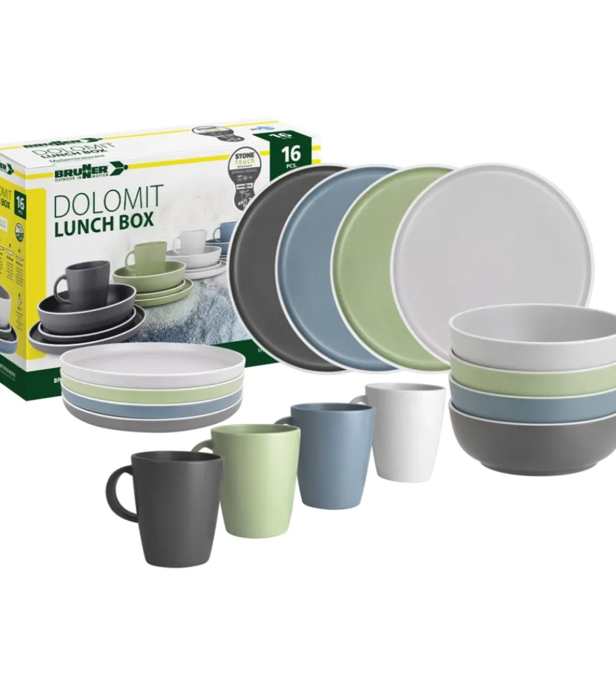 Brunner Campeggio|Set 16 stoviglie da campeggio "dolomit" in stone touch antiscivolo