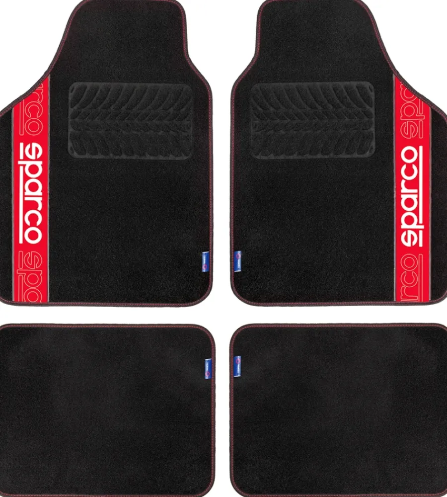 Sparco Auto Interno|Set 4 tappetini per auto nero/rosso in moquette