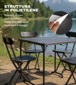 EuroGarden Campeggio|Set da campeggio pieghevole in polietilene nero 4 sedute e tavolo
