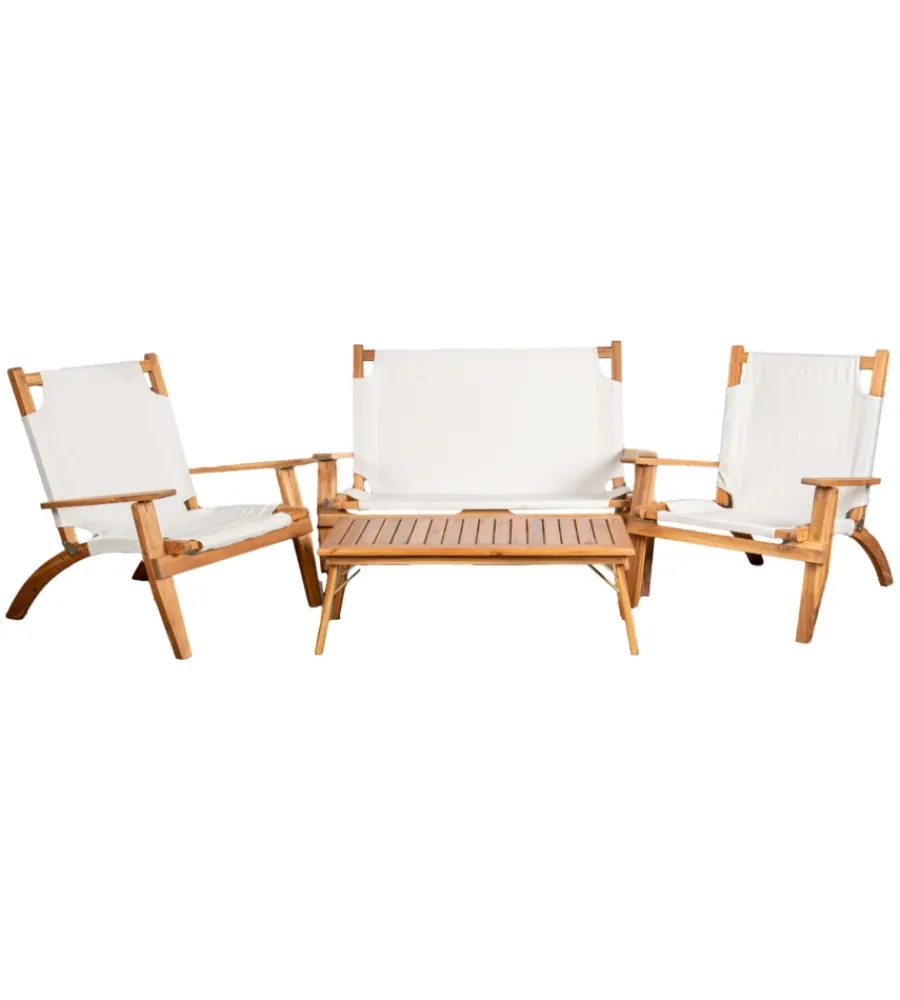 Discount Set da esterno pieghevole "primavera" in legno di acacia e poliestere ecrù 4 sedute e tavolino Mobili Da Giardino E Accessori