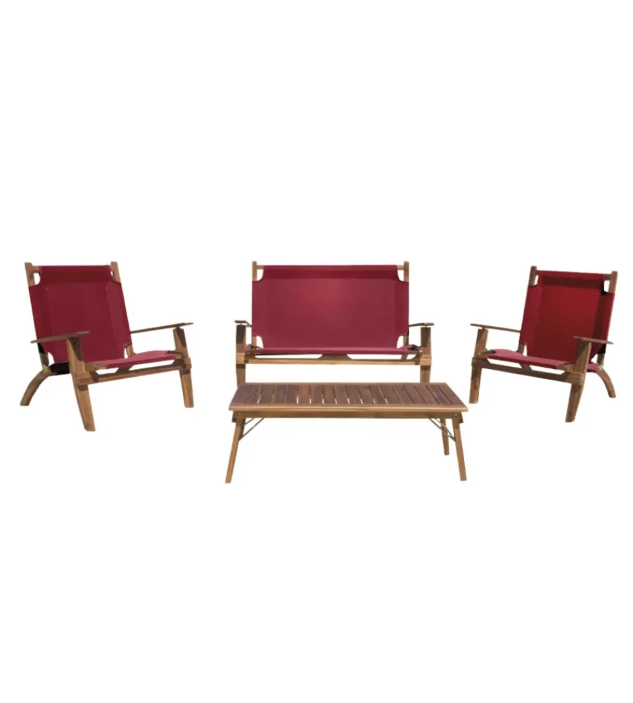 Mobili Da Giardino E Accessori-EuroGarden Set da esterno pieghevole "primavera" in legno di acacia e poliestere bordeaux 4 sedute e tavolino
