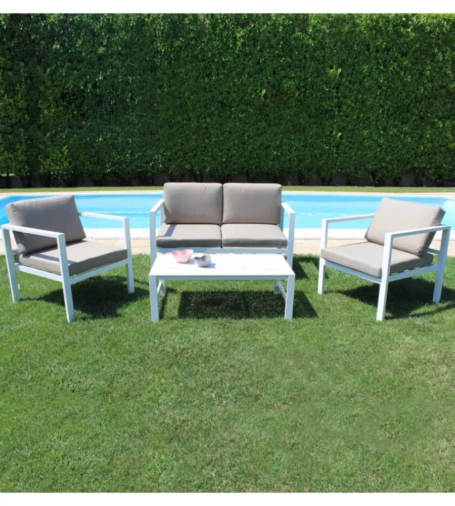 Mobili Da Giardino E Accessori- Set da giardino elica garden "avana" in alluminio bianco con 2 poltrone, un divano e un tavolino