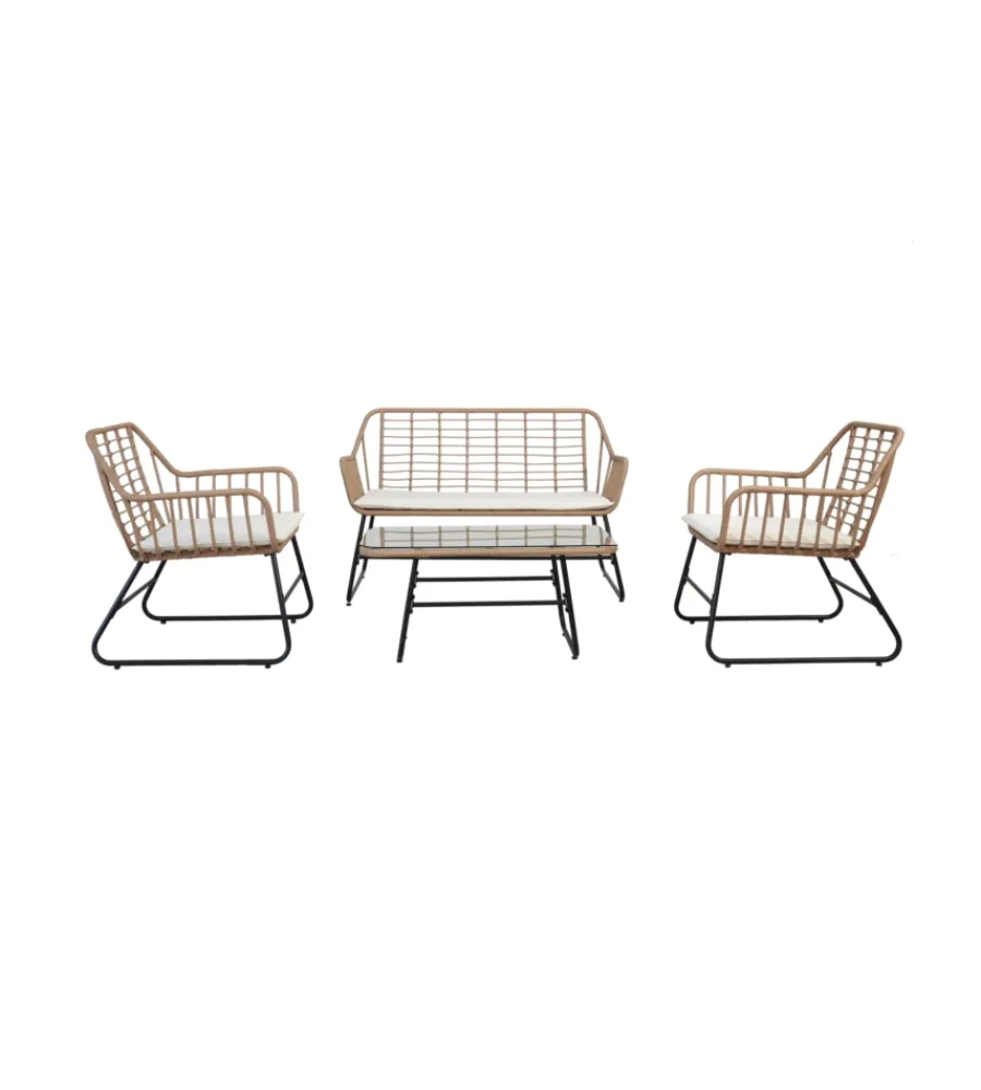 Mobili Da Giardino E Accessori- Set da giardino essenza "cebu" in acciaio nero 2 poltrone 1 divano 1 tavolo