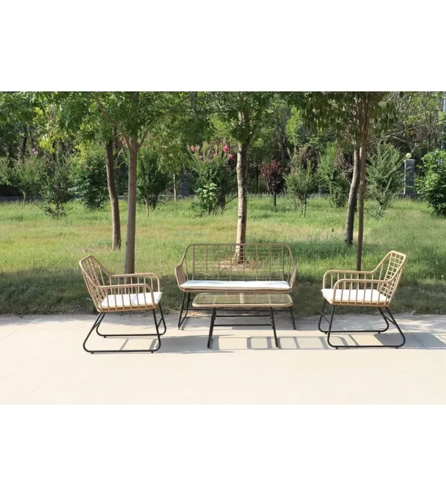 Mobili Da Giardino E Accessori- Set da giardino essenza "cebu" in acciaio nero 2 poltrone 1 divano 1 tavolo