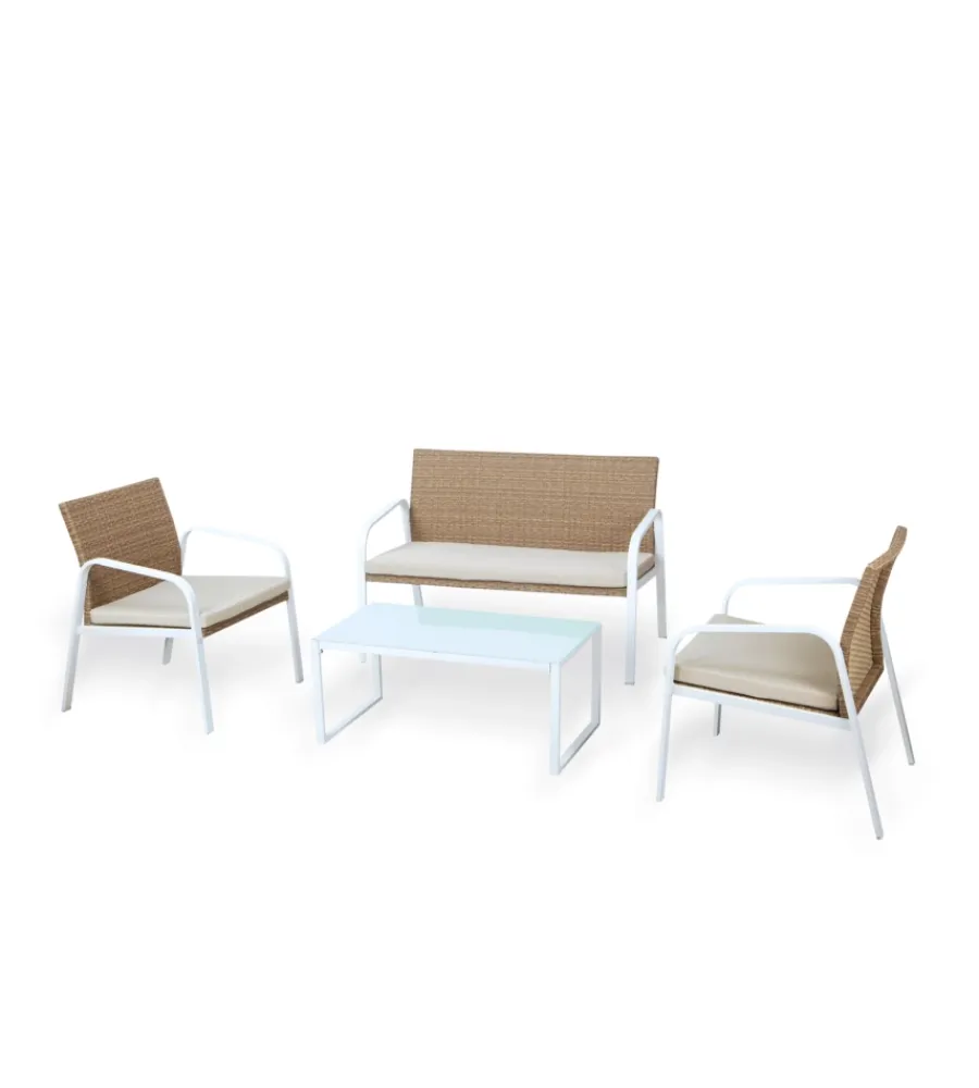 Mobili Da Giardino E Accessori- Set da giardino essenza "madeira" in acciaio bianco 4 posti