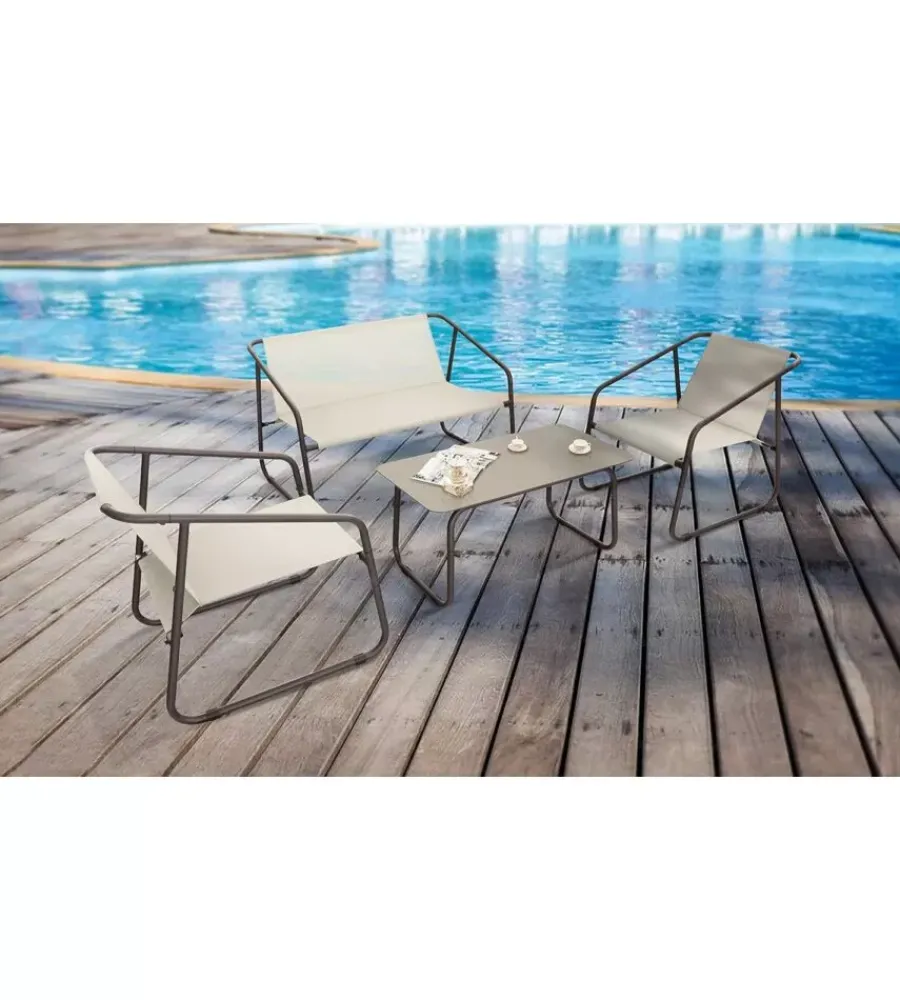 Mobili Da Giardino E Accessori- Set da giardino essenza "nizza" in acciaio marrone 2 poltrone 1 divano 1 tavolo