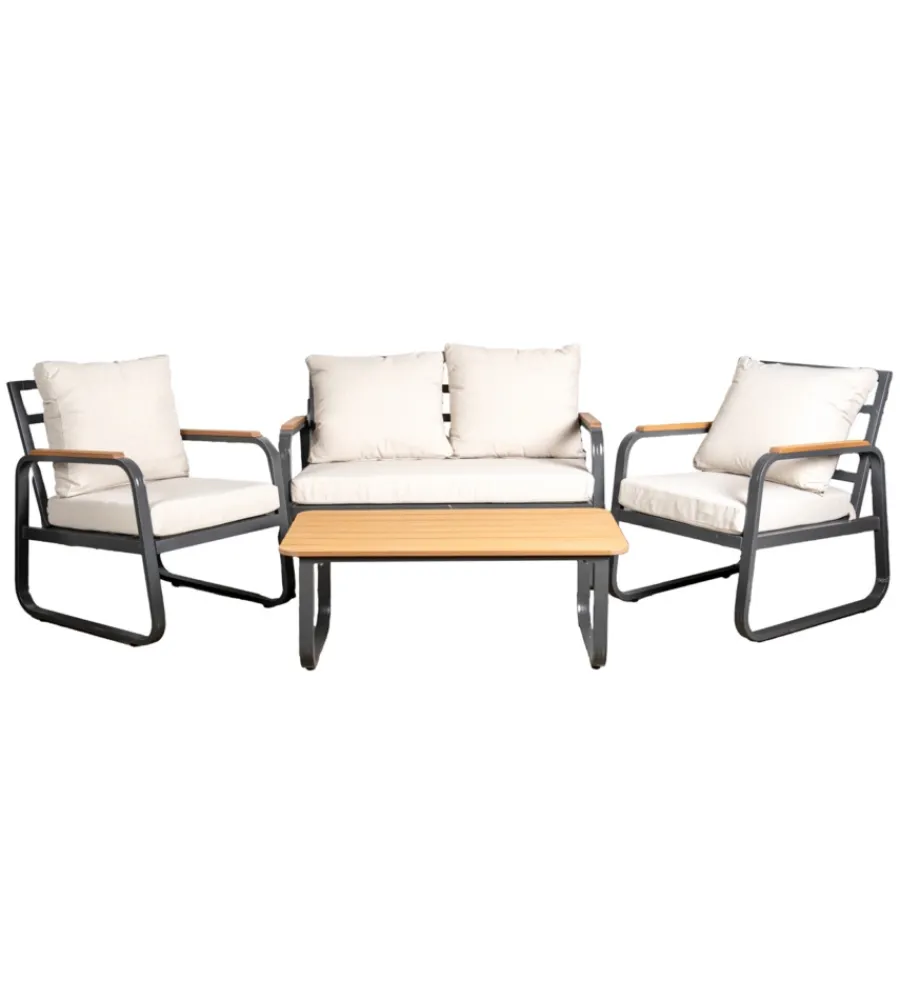 EuroGarden Mobili Da Giardino E Accessori|Set da giardino "anturium" in alluminio nero e cuscini ecrù 4 sedute
