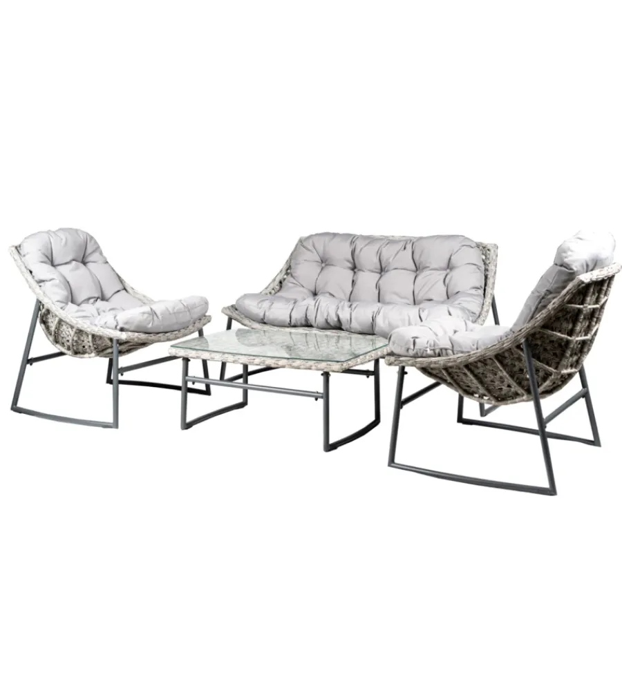 Mobili Da Giardino E Accessori-EuroGarden Set da giardino "las vegas" in metallo e pe rattan grigio con cuscini 4 sedute e tavolino