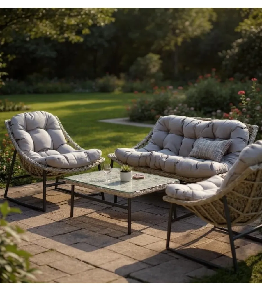 Mobili Da Giardino E Accessori-EuroGarden Set da giardino "las vegas" in metallo e pe rattan grigio con cuscini 4 sedute e tavolino