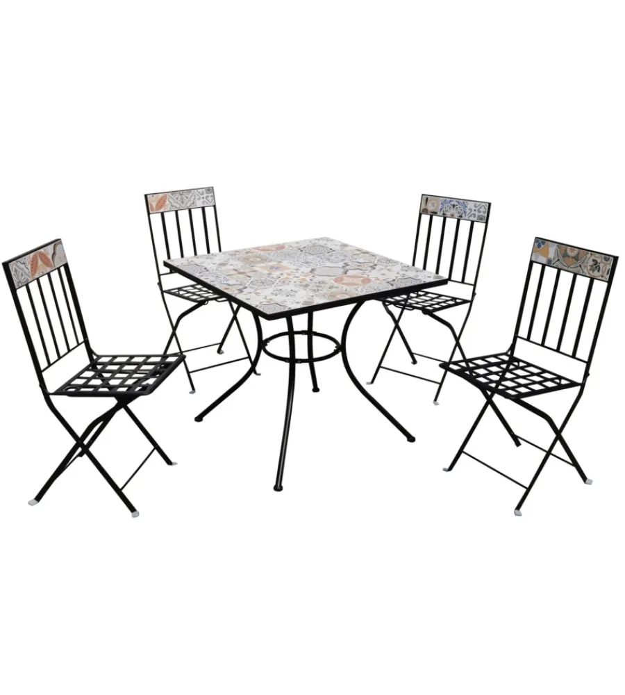 Mobili Da Giardino E Accessori|Set da giardino quadrato essenza "sicily" in acciaio effetto maiolica 4 sedie 1 tavolo