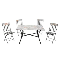 Mobili Da Giardino E Accessori- Set da giardino rettangolare essenza "sicily" in acciaio effetto maiolica 4 sedie 1 tavolo