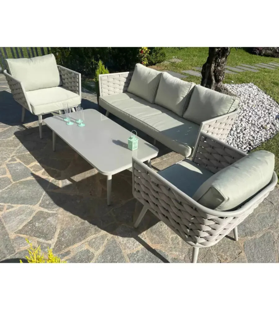 Mobili Da Giardino E Accessori- Set da giardino riviera "bucaneve" in alluminio tortora, 4 sedute e un tavolino