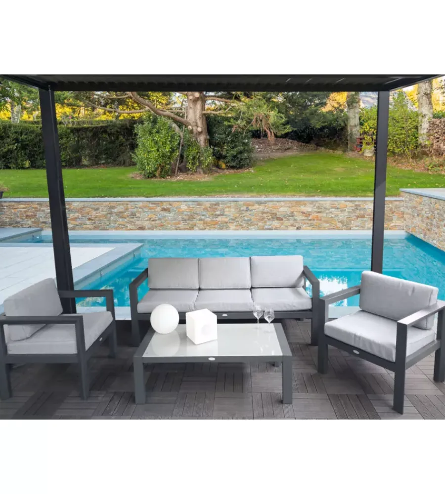 Mobili Da Giardino E Accessori- Set da giardino riviera "hibiscus" in alluminio antracite e grigio chiaro, 5 sedute e un tavolino