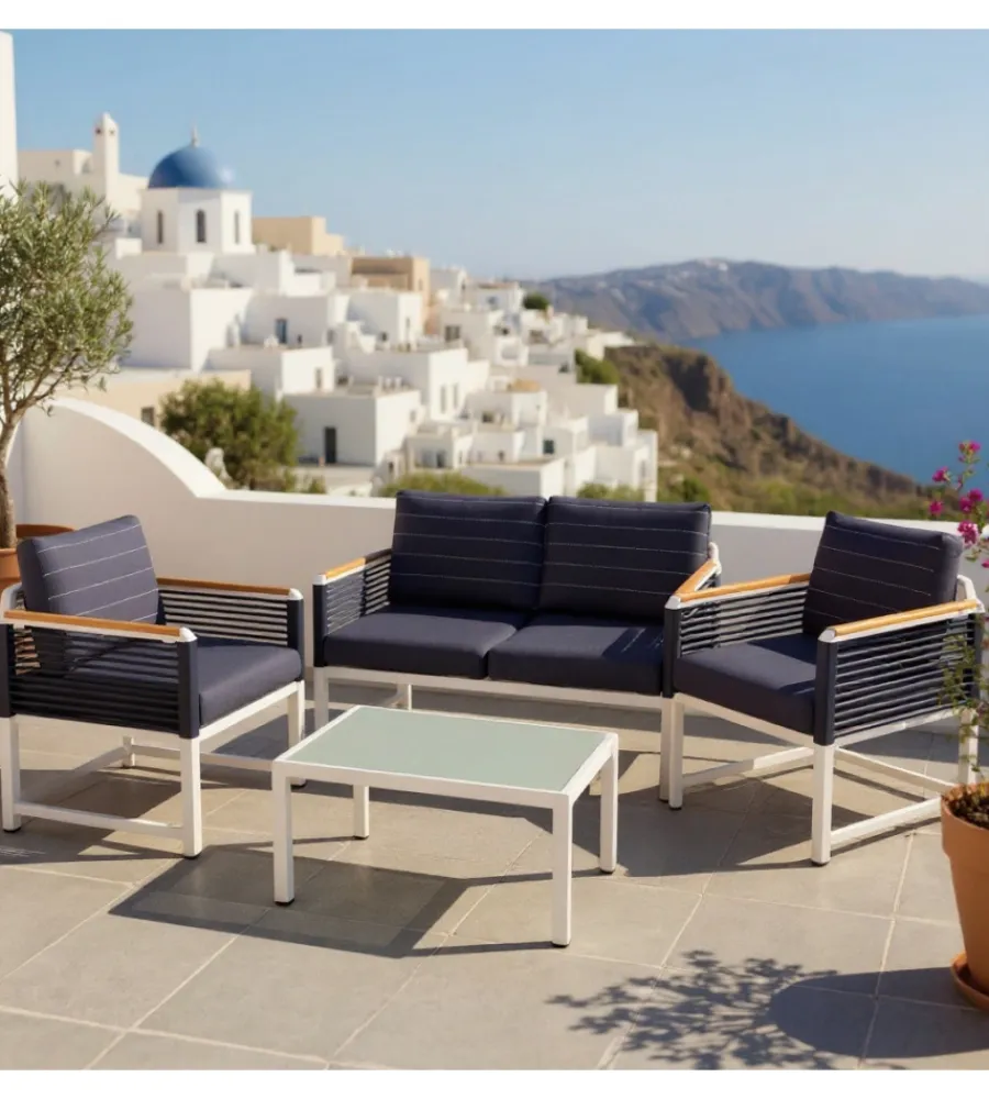 Set da giardino riviera "papavero" bianco e blu con 4 posti e tavolino Mobili Da Giardino E Accessori