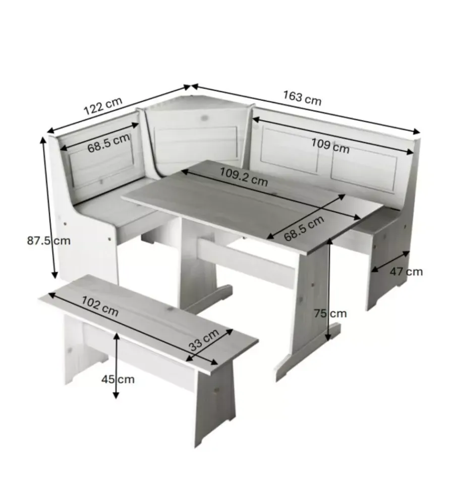 BellaHome Tavoli|Set giropanca ad angolo in pino massello con contenitore 163x122x87,5 cm