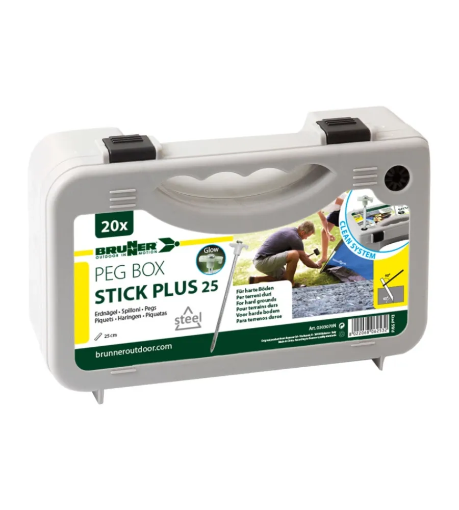 Brunner Campeggio|Set picchetti rotondi per tenda da campeggio "peg box stick plus 25" in acciaio zincato e gancio in plastica 25 cm x ø 8 mm