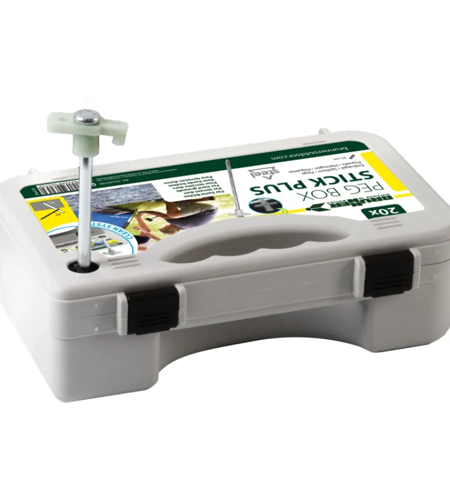 Brunner Campeggio|Set picchetti rotondi per tenda da campeggio "peg box stick plus 25" in acciaio zincato e gancio in plastica 25 cm x ø 8 mm